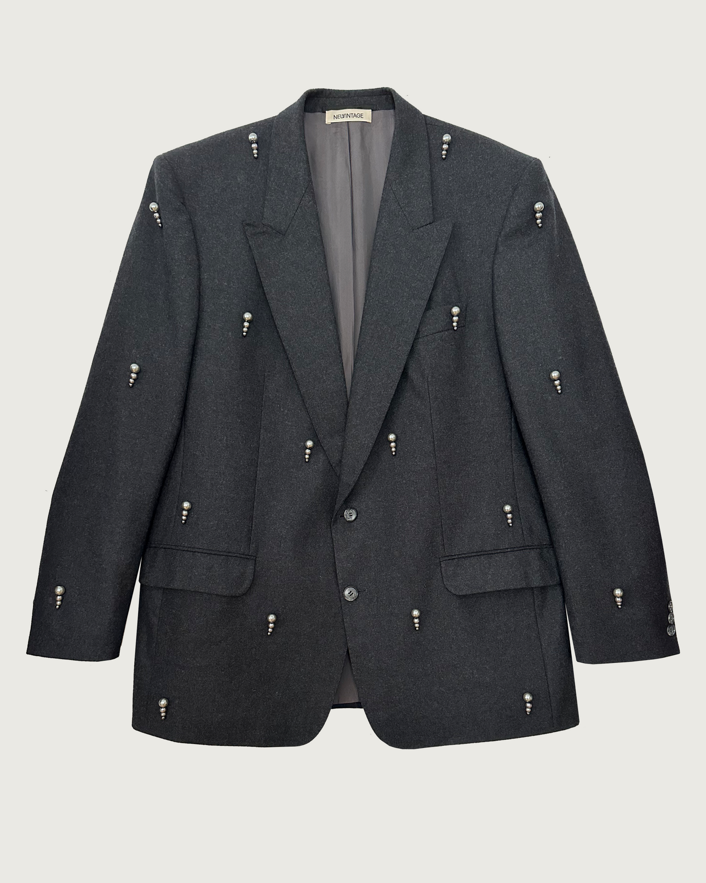 Gray 100% wool blazer upcycled with faux pearl and hematite stone embroidery (Fits M-XL)
