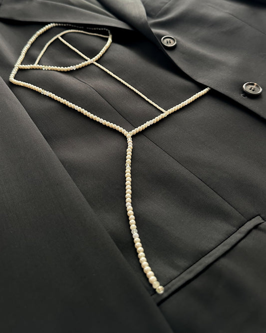 BLACK WOOL BLAZER WITH HAND-BEADED CORSET DESIGN