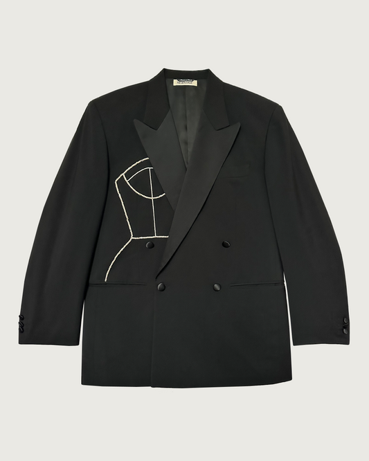 Double-breasted wool tuxedo with hand-beaded corset design