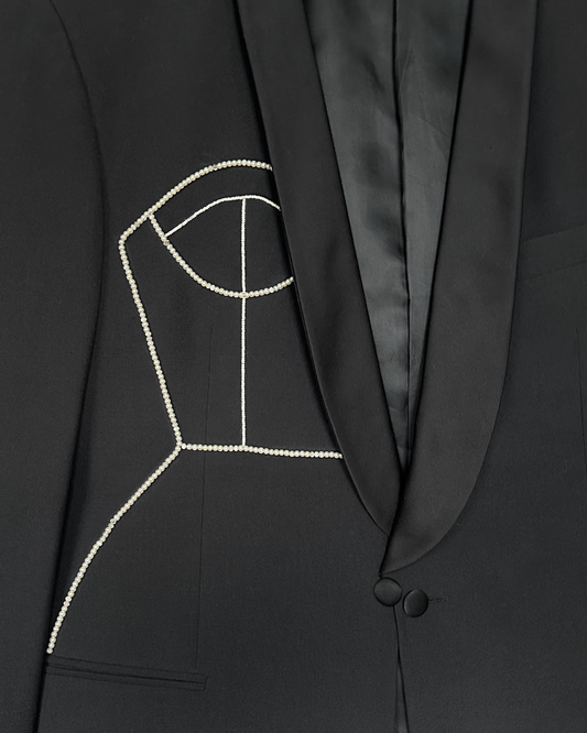 VINTAGE WOOL/TREVIRA TUXEDO WITH HEAND-BEADED CORSET DESIGN