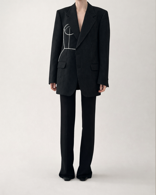 BLACK PINSTRIPE WOOL BLAZER WITH HAND-BEADED CORSET DESIGN