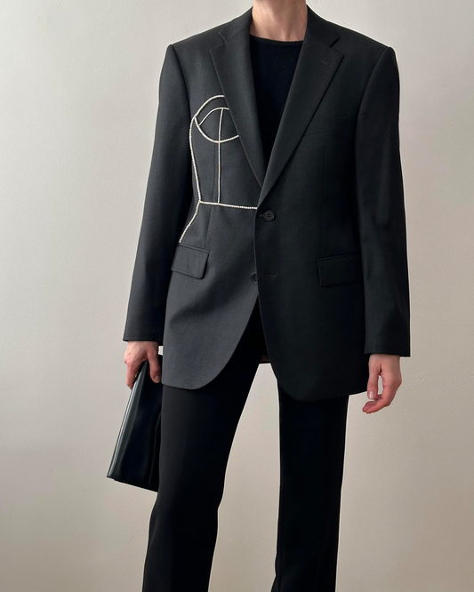 GRAY WOOL BLAZER WITH HAND-BEADED CORSET DESIGN