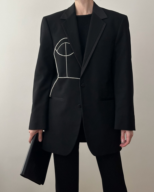 VINTAGE WOOL TUXEDO JACKET WITH HAND-BEADED CORSET DESIGN