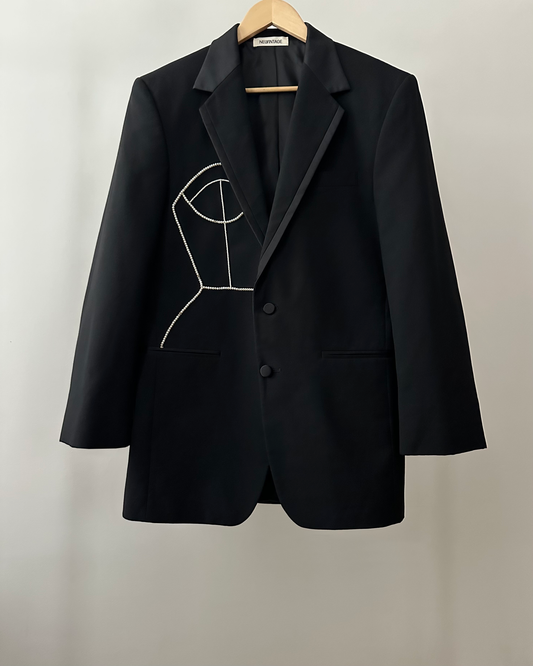 VINTAGE WOOL TUXEDO JACKET WITH HAND-BEADED CORSET DESIGN