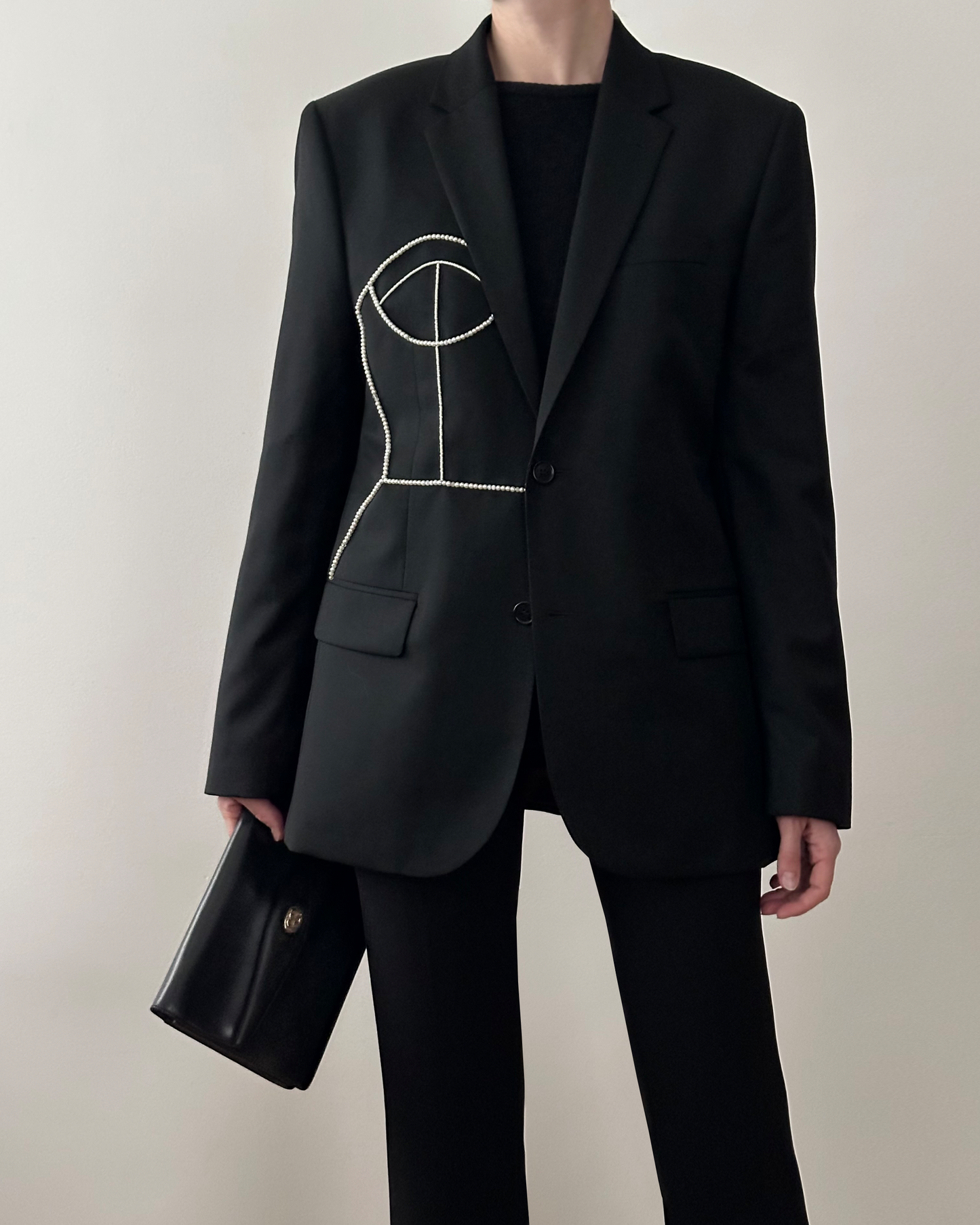 BLACK WOOL BLAZER WITH HAND-BEADED CORSET DESIGN