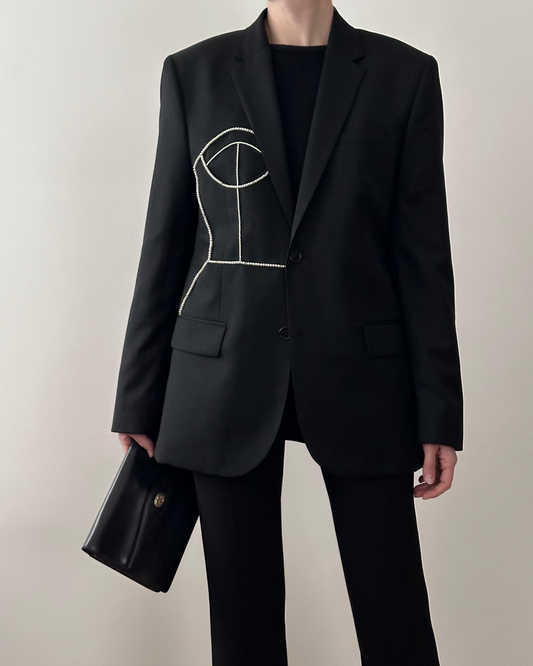 BLACK WOOL BLAZER WITH HAND-BEADED CORSET DESIGN