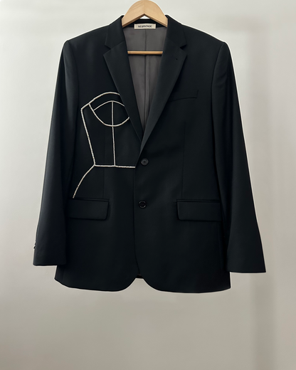 BLACK WOOL BLAZER WITH HAND-BEADED CORSET DESIGN