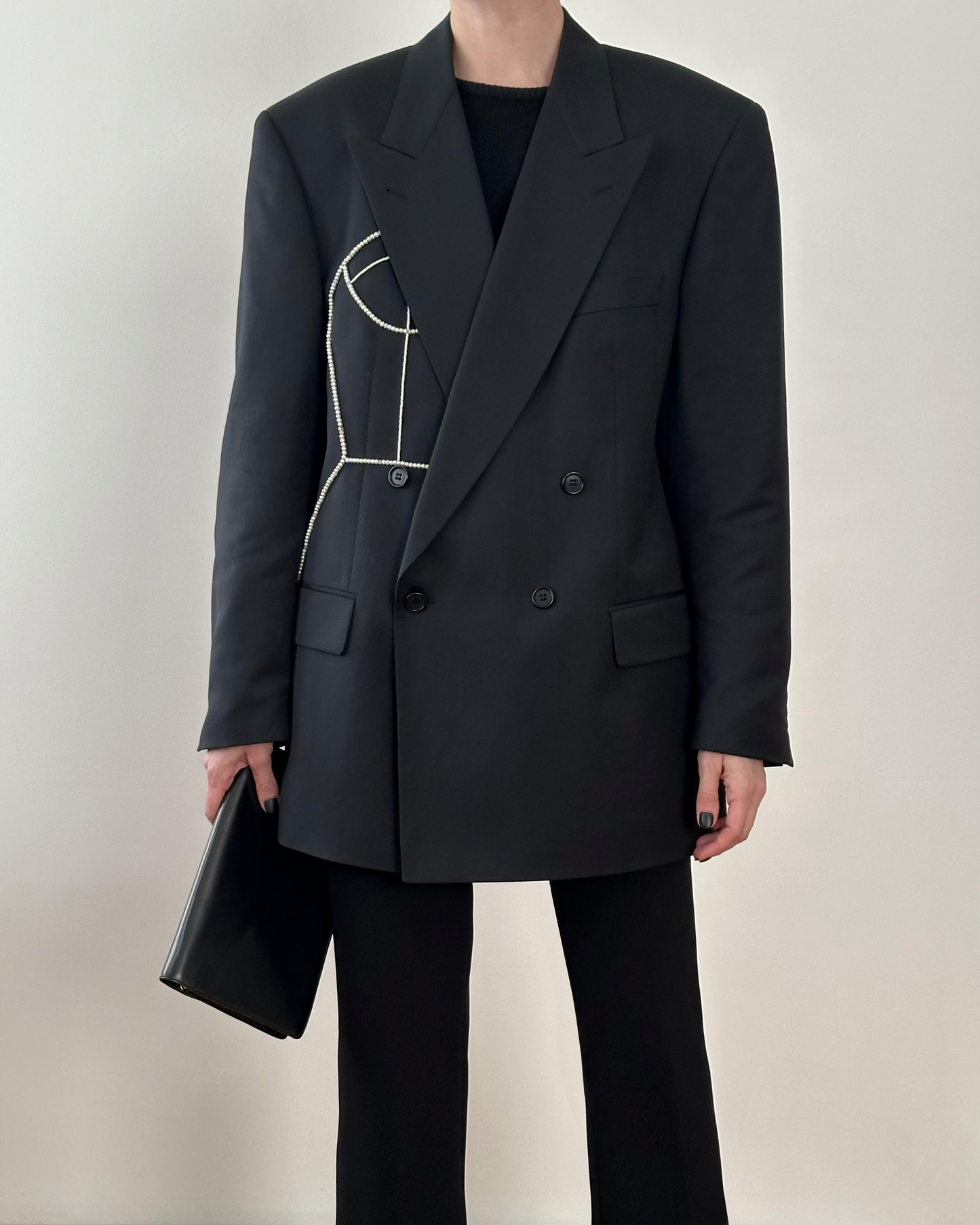 DOUBLE BREASTED WOOL BLAZER WITH HAND-BEADED CORSET DESIGN