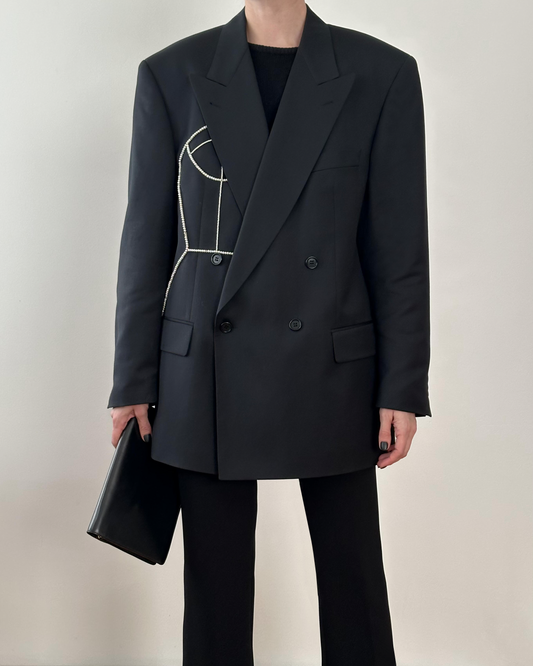 DOUBLE BREASTED WOOL BLAZER WITH HAND-BEADED CORSET DESIGN