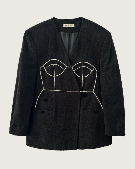 Vintage boucle blazer with hand-beaded corset design