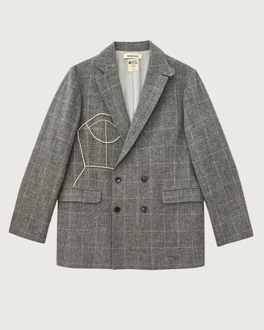 Wool pea coat with hand-beaded corset design