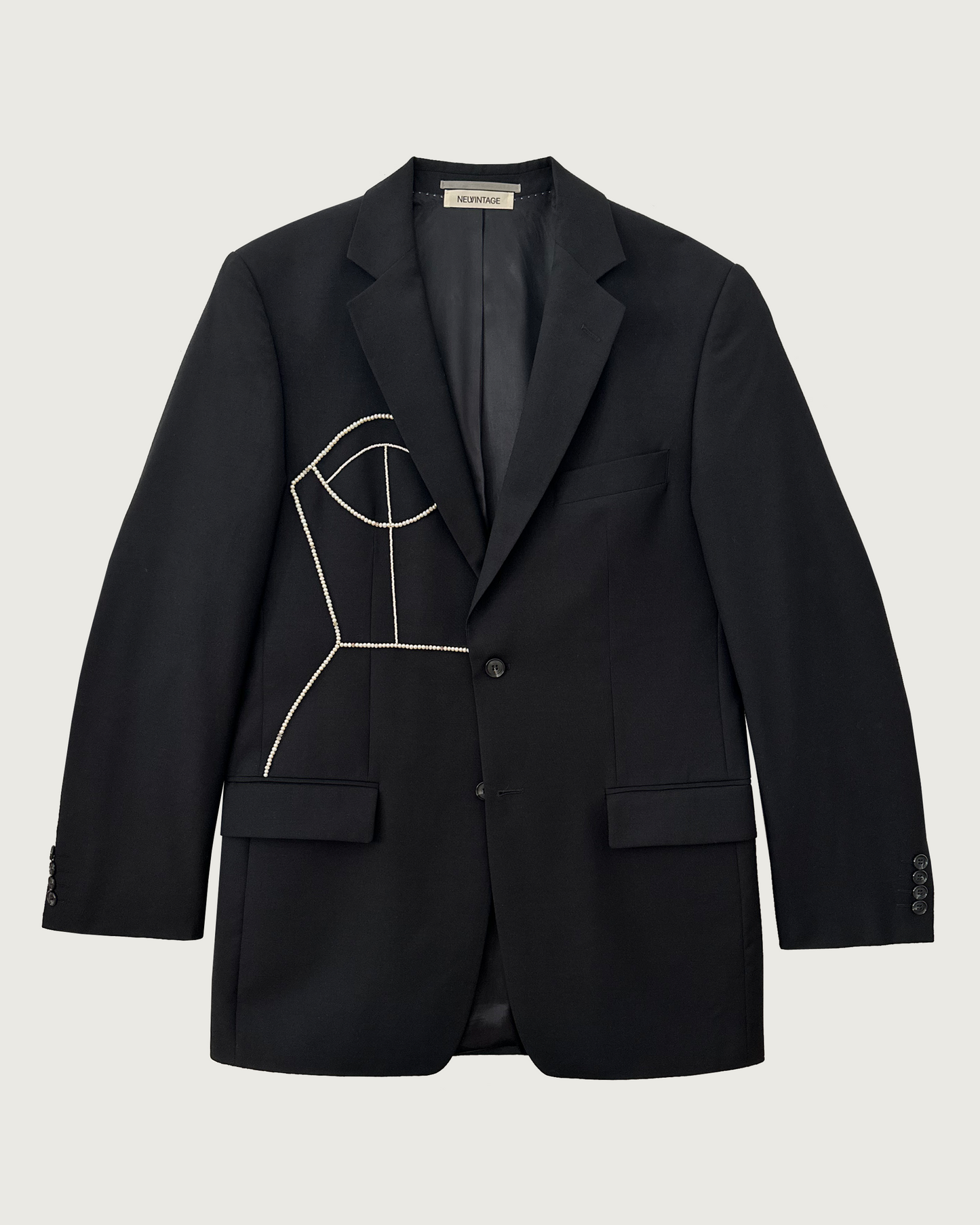 Black 100% wool blazer upcycled with hand-beaded corset design (Fits up to L)