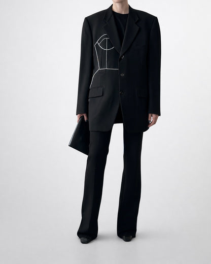 CORNELIANI BLACK MERINO WOOL BLAZER WITH HAND-BEADED CORSET DESIGN