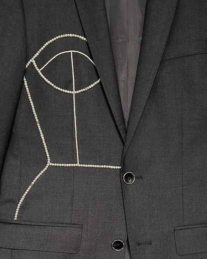 Gray 100% wool blazer upcycled with hand-beaded corset design (Fits up to S)