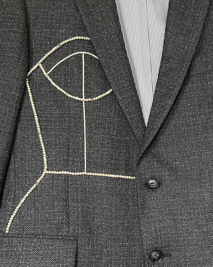 Gray 100% wool oversized blazer upcycled with hand-beaded corset design (Fits up to M)