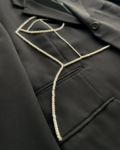 CORNELIANI BLACK MERINO WOOL BLAZER WITH HAND-BEADED CORSET DESIGN