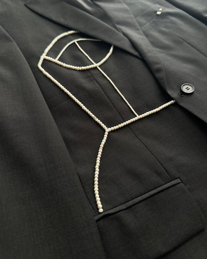 GRAY WOOL BLAZER WITH HAND-BEADED CORSET DESIGN