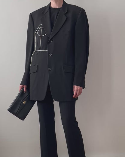 CORNELIANI BLACK MERINO WOOL BLAZER WITH HAND-BEADED CORSET DESIGN