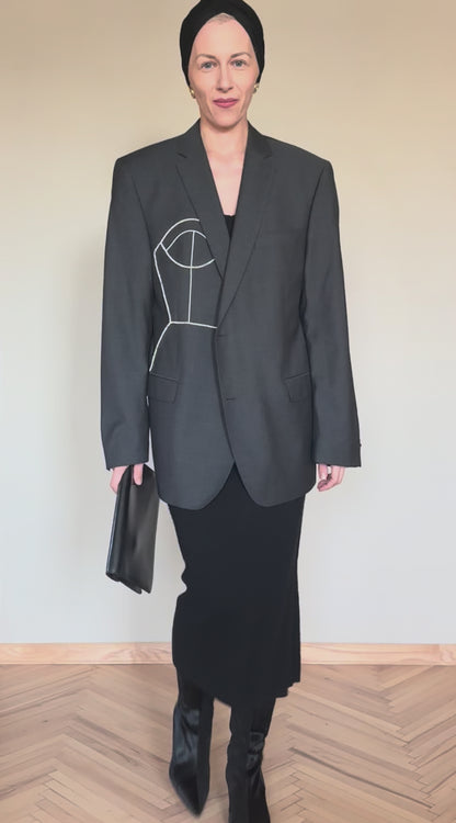 Gray 100% wool oversized blazer upcycled with hand-beaded corset design (Fits up to L)