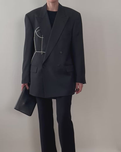 DOUBLE BREASTED WOOL BLAZER WITH HAND-BEADED CORSET DESIGN