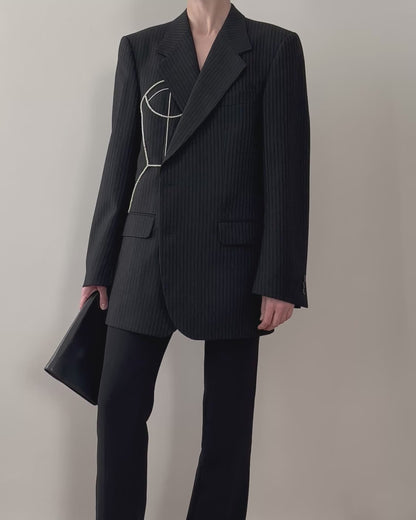 BLACK PINSTRIPE WOOL BLAZER WITH HAND-BEADED CORSET DESIGN